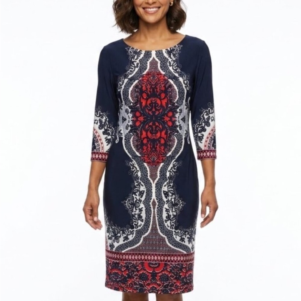 Sandra Darren Women's Paisley Print 3/4 Sleeve Mixed Print Shift Dress Size 14